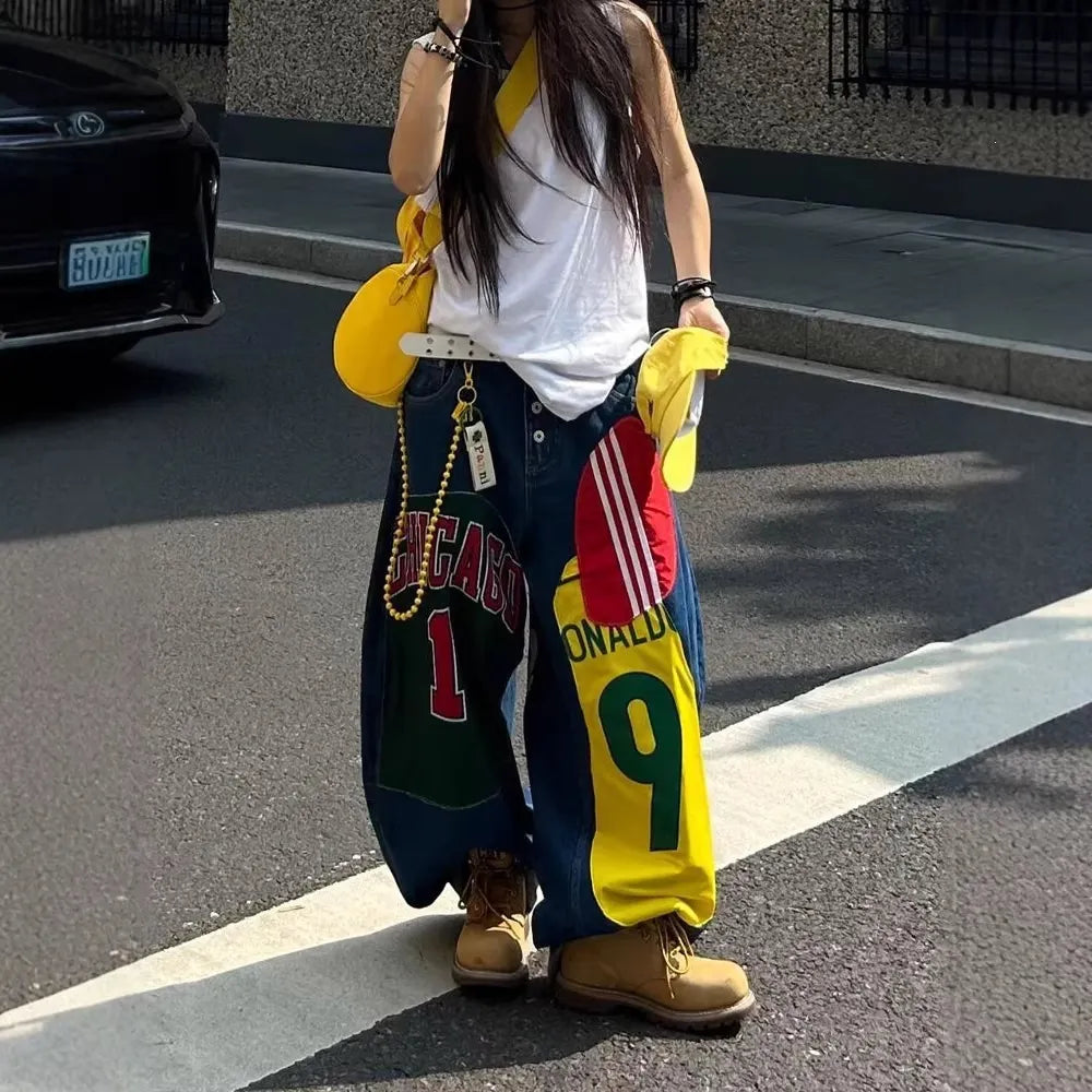 High Waist Patchwork Print Wide Leg Jeans