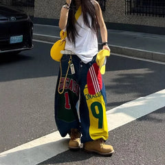 High Waist Patchwork Print Wide Leg Jeans
