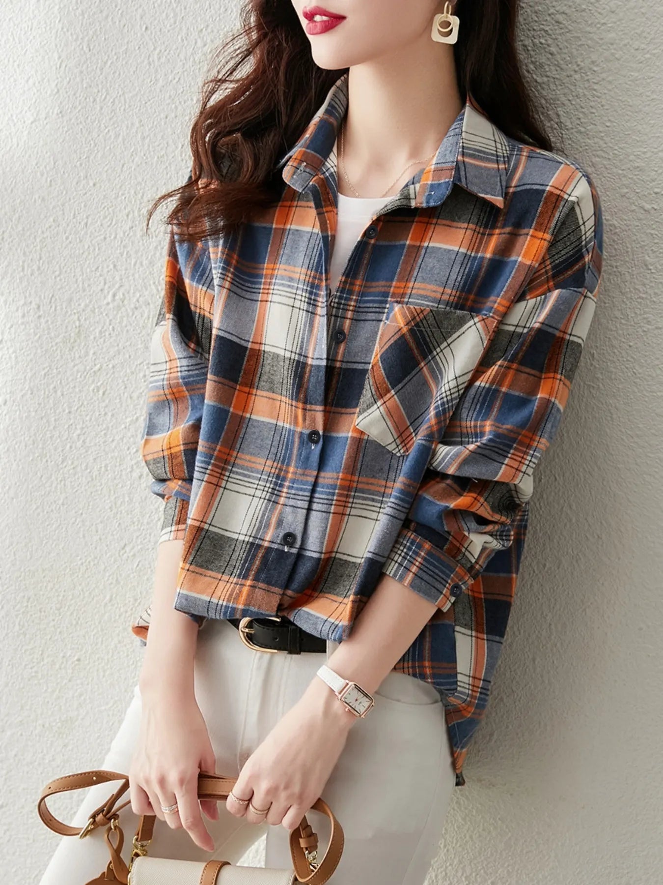 Fall Color Block Plaid Oversized Shirt, Button Front Long Sleeve Layering Blouse
