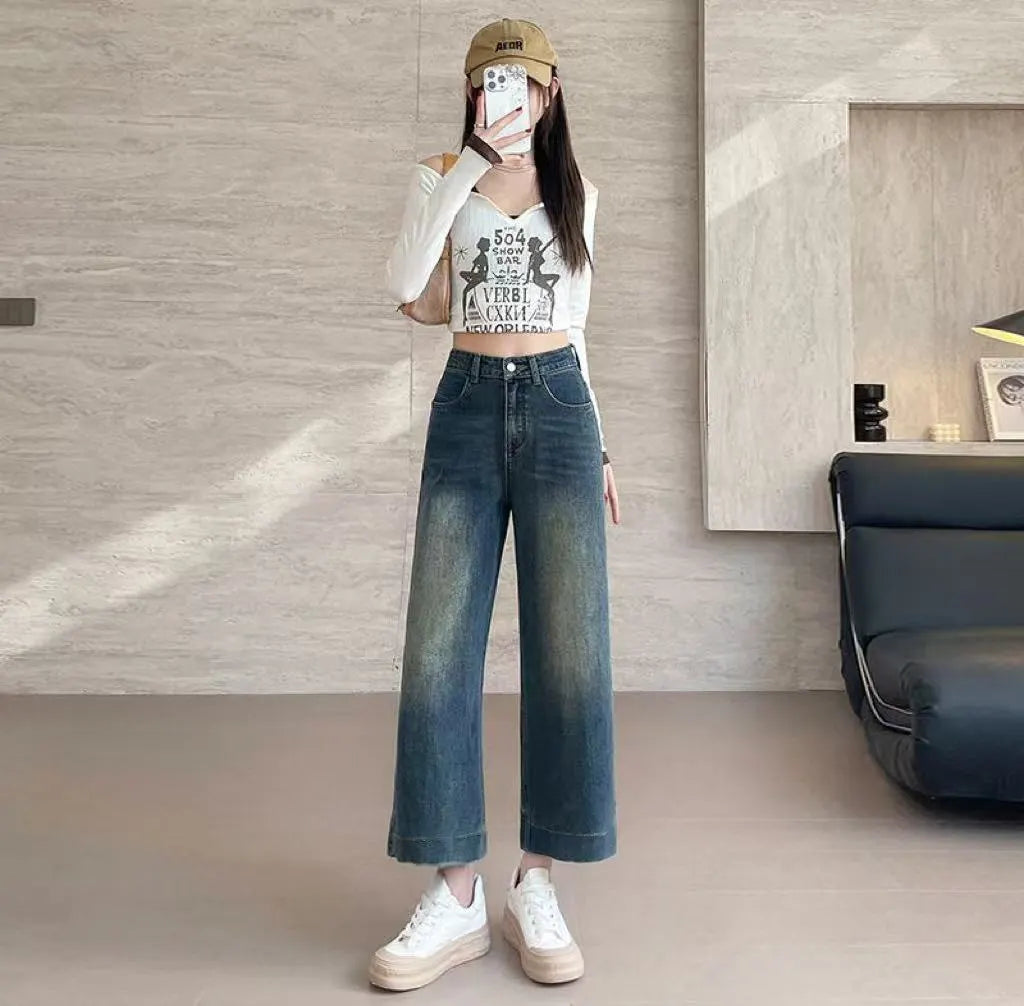 High Waist Vintage Wide Leg Cropped Denim Pants