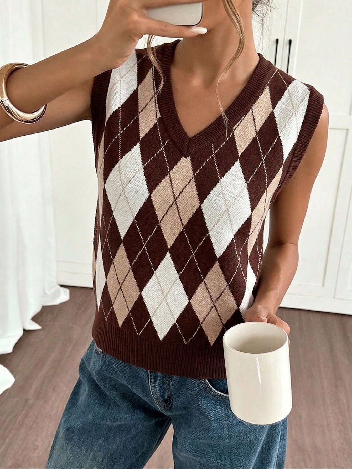 Brown Argyle Knit Sweater Vest