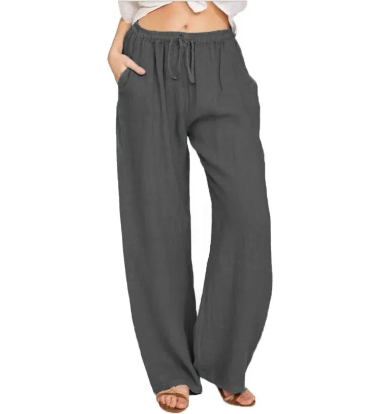 Lazy Day Outfit Blue Linen Drawstring High Waist Wide Leg Palazzo Pants
