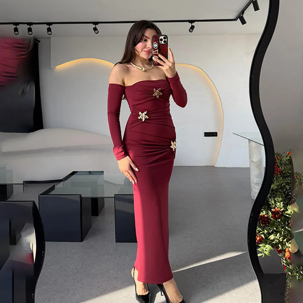One-Shoulder Ruched Maxi Dress with Rhinestone Embellishments