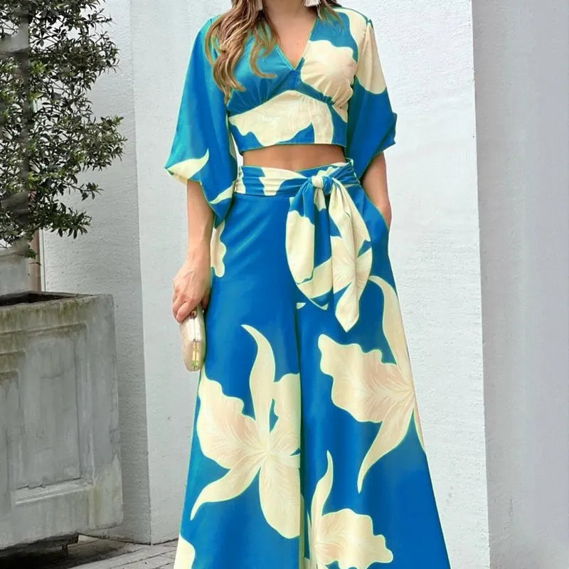 Floral Print V Neck Tie Crop Top & Wide Leg Pants Two Piece Set