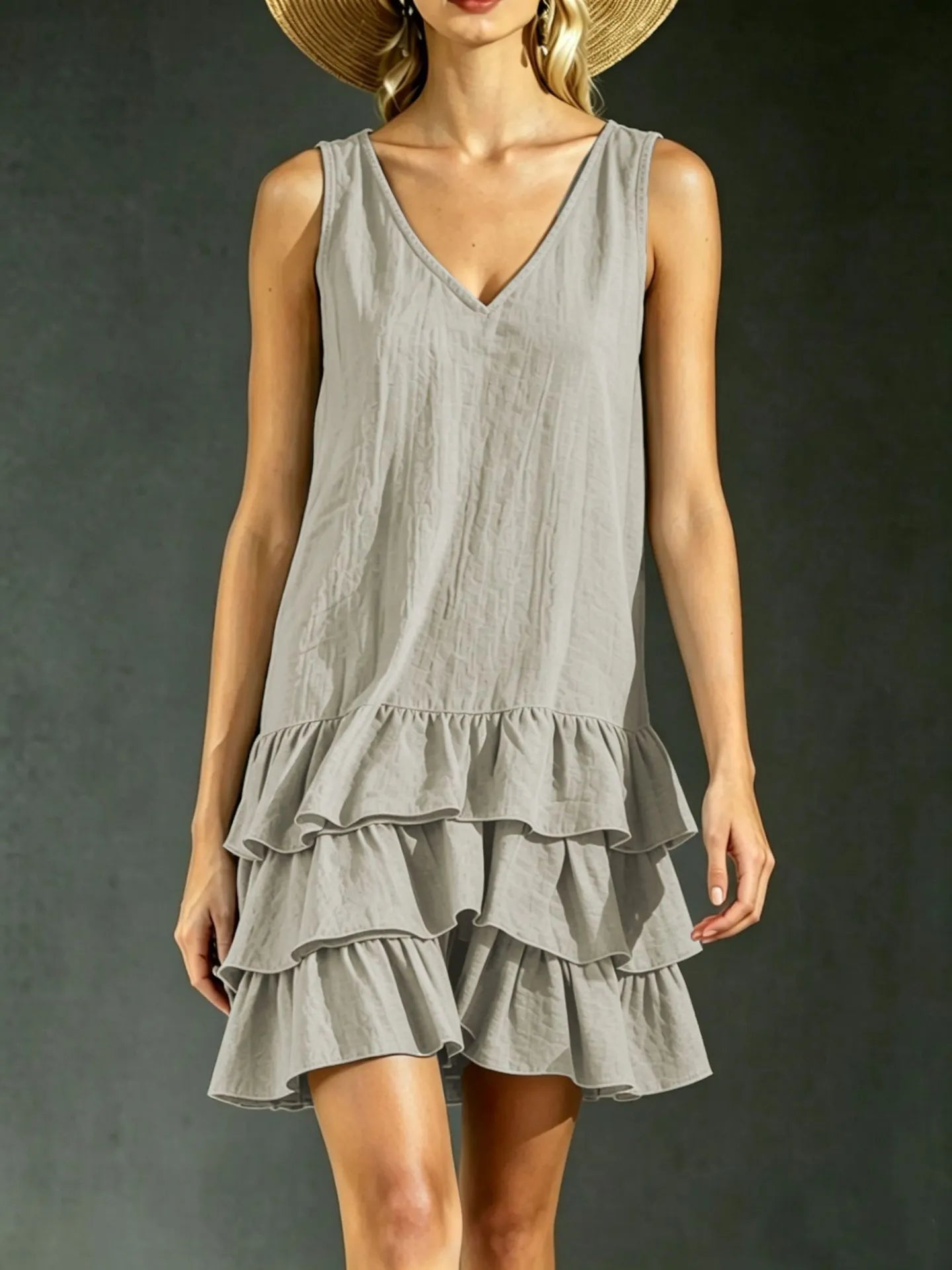 Solid V-Neck Sleeveless Layered Ruffle Spliced Straight Loose Mini Dress