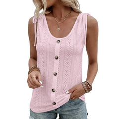 Solid Color Eyelet Embroidered Tie Shoulder Button Down Sleeveless Tank Top
