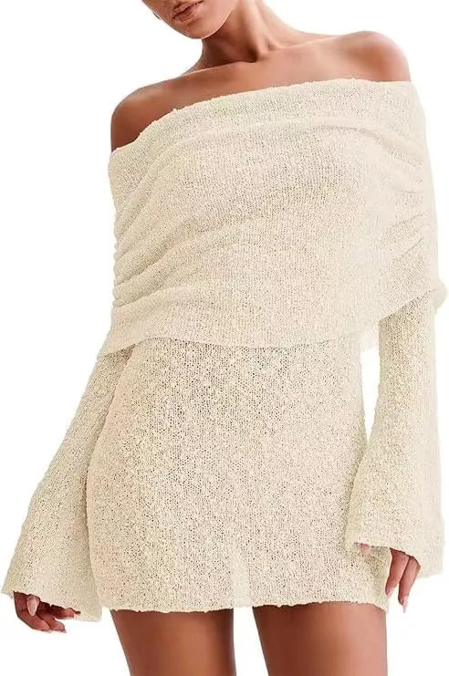 Blue Off-Shoulder Foldover Neck Mini Dress - Bell Sleeve Knit Bodycon Dress
