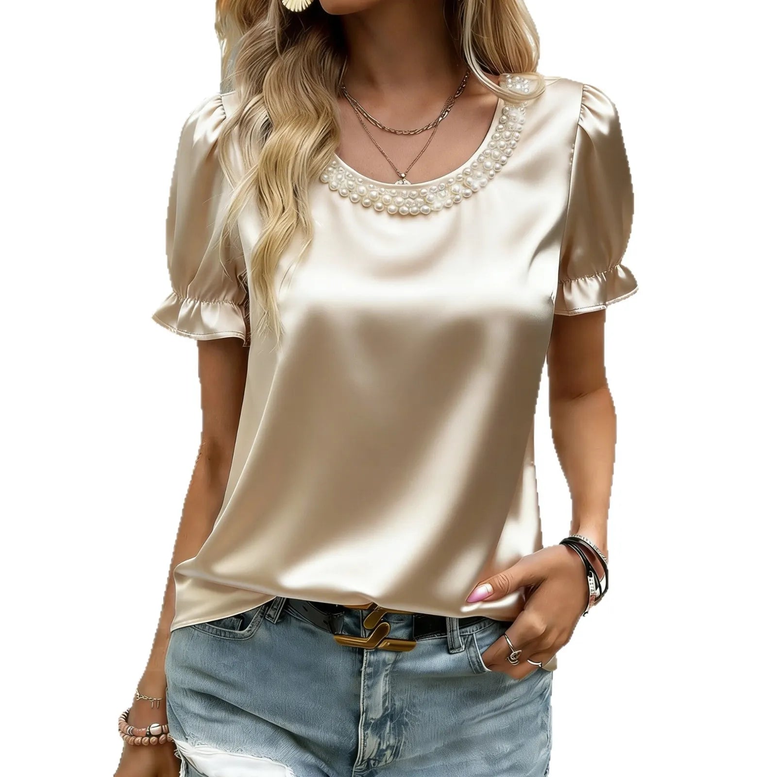 Solid Pearl Neck Puff Short Sleeve Satin Top