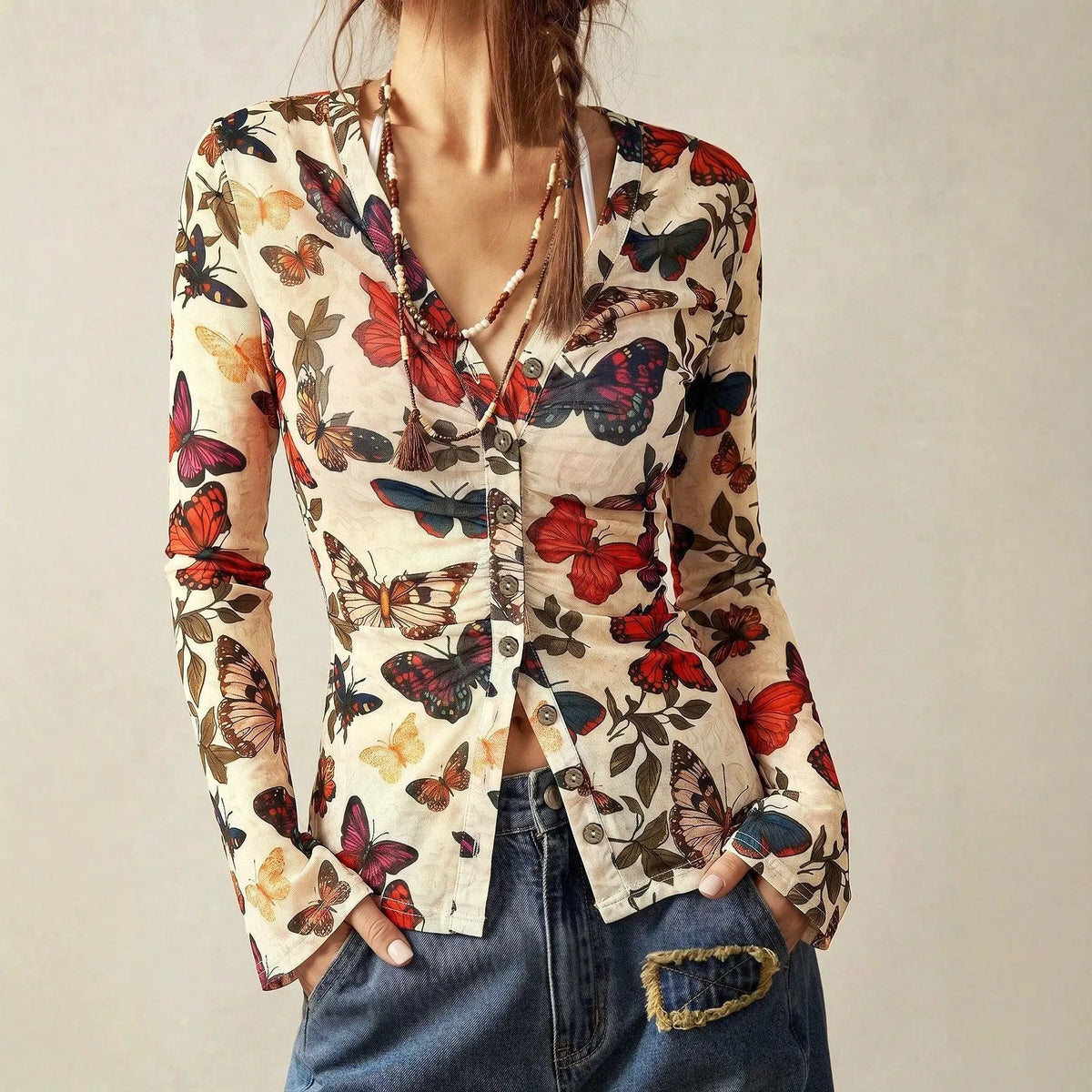 Bohemian Butterfly Printed Long Sleeve Shirt, Y2K Slim V Neck Casual Blouse
