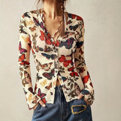 Bohemian Butterfly Printed Long Sleeve Shirt, Y2K Slim V Neck Casual Blouse