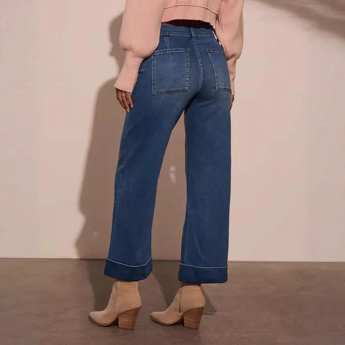 Casual Patch Pocket Wide Leg Denim Pants