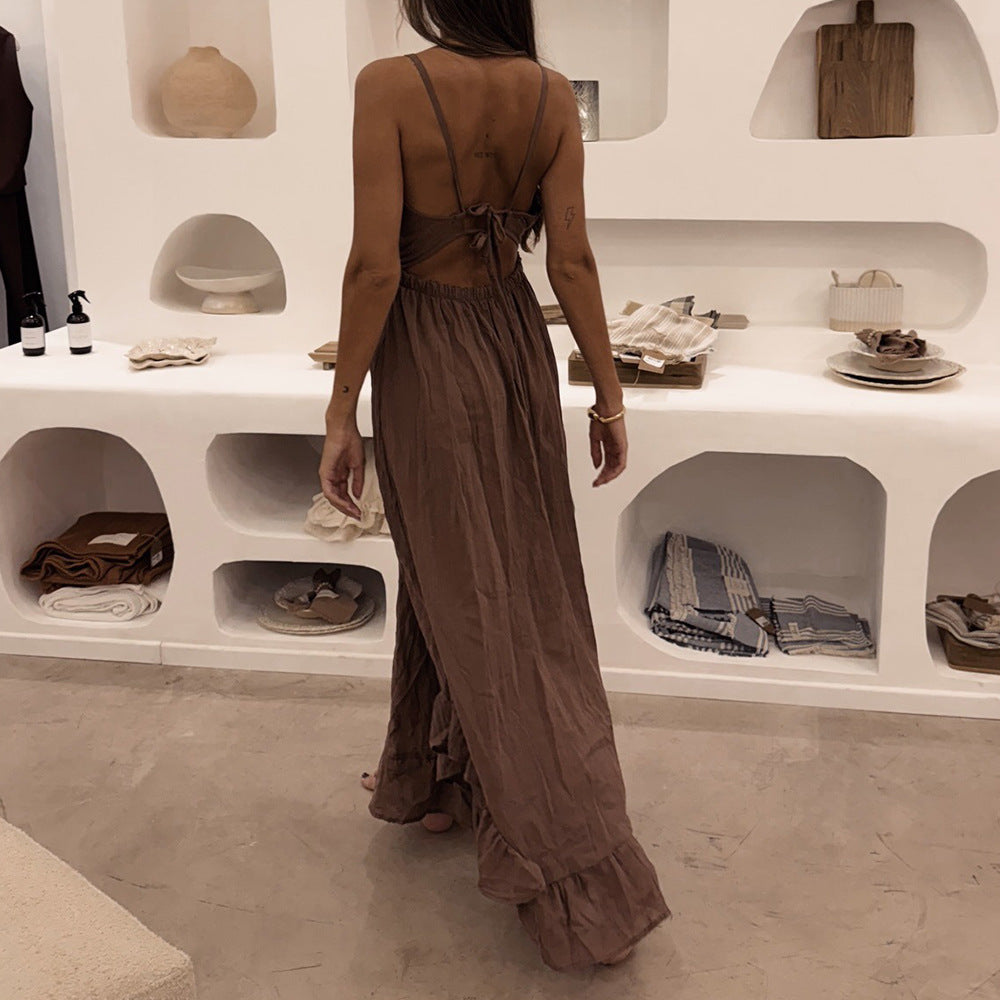 Brown Ruffle Deep V-Neck Spaghetti Strap Maxi Dress