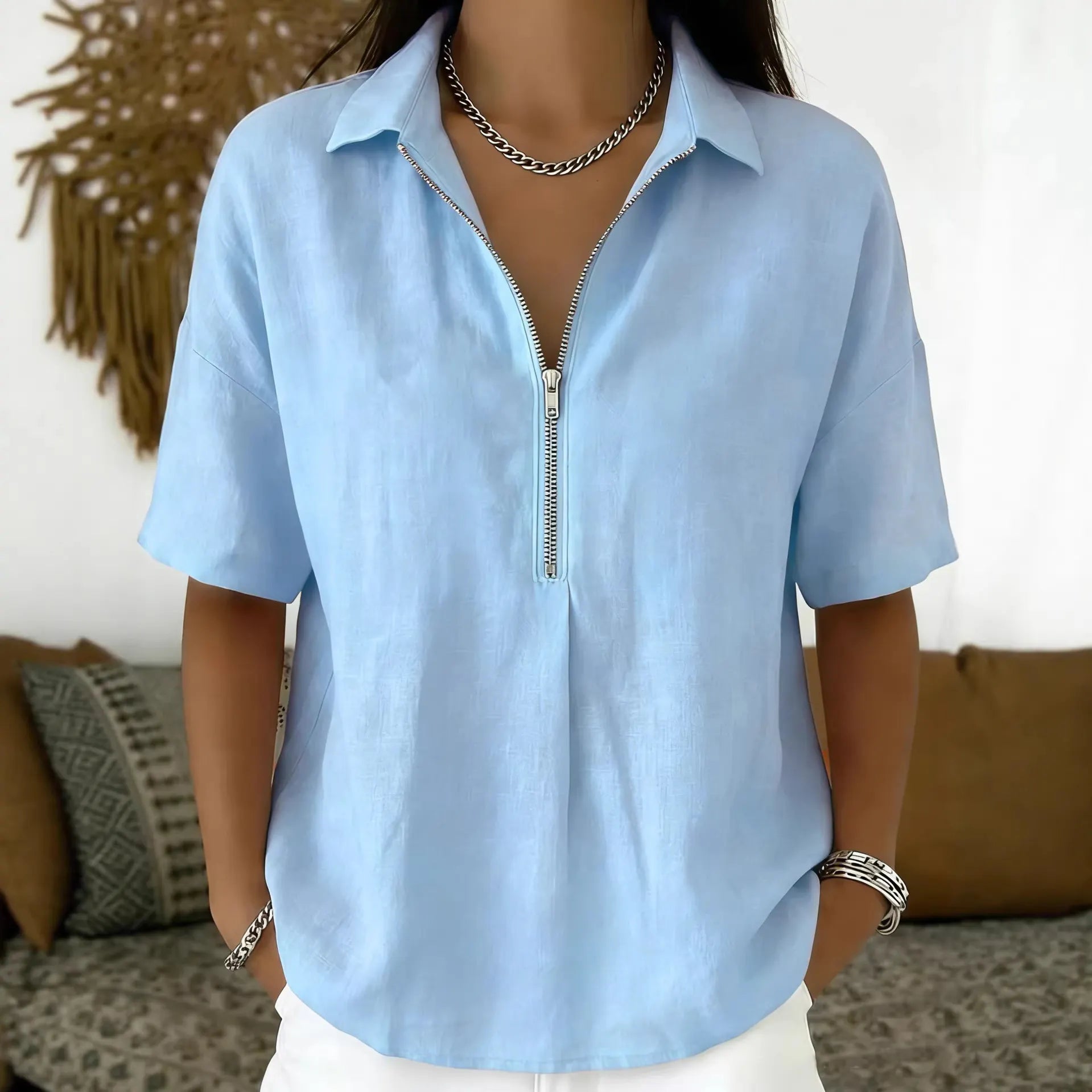 Solid Lapel Half Zip Short Sleeve Casual Top