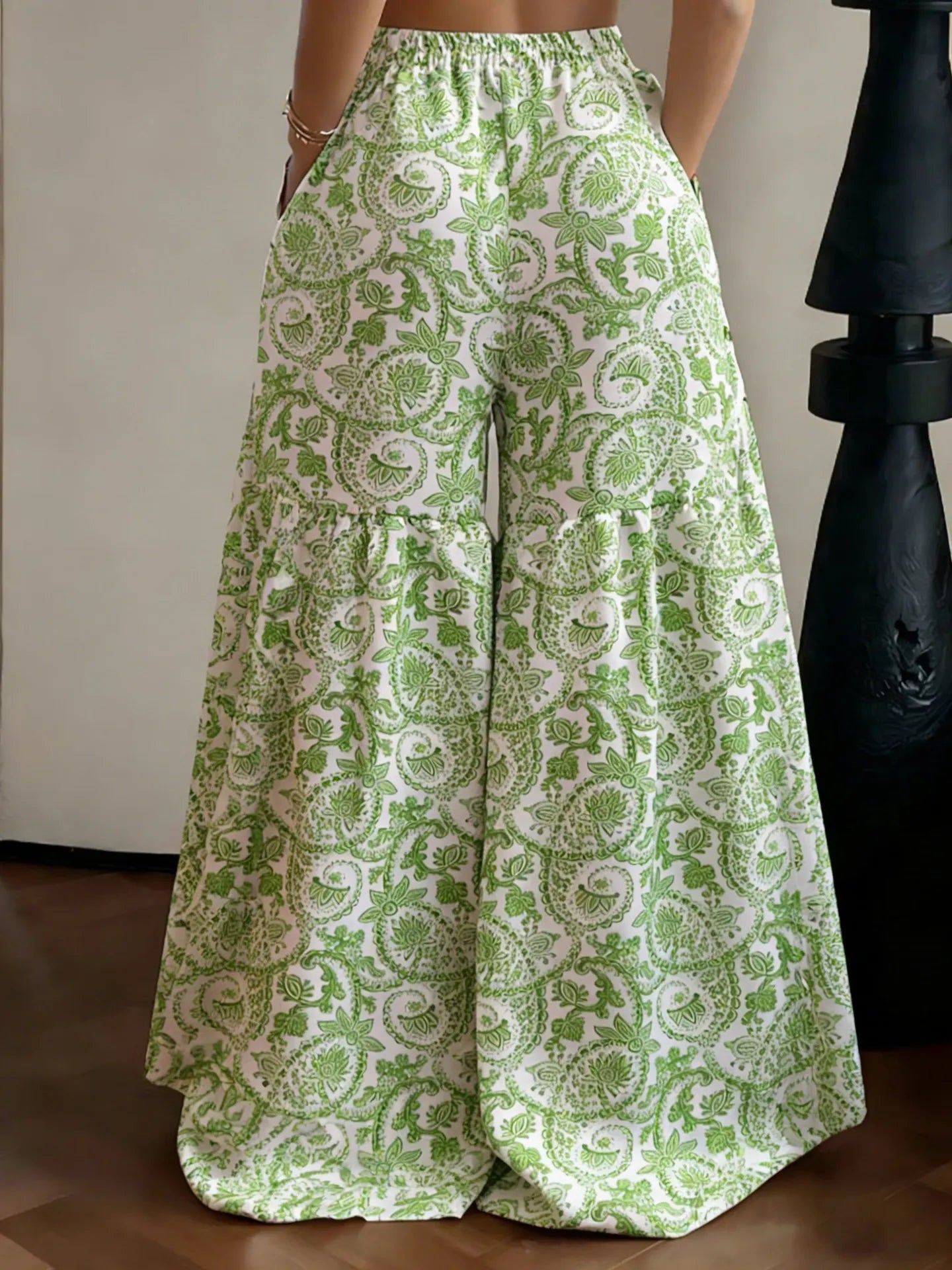 Elastic High Waist Floral Print Ruffle Wide Leg Palazzo Pants