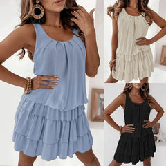 U-Neck Sleeveless Layered Ruffle Hem Loose A-Line Mini Dress