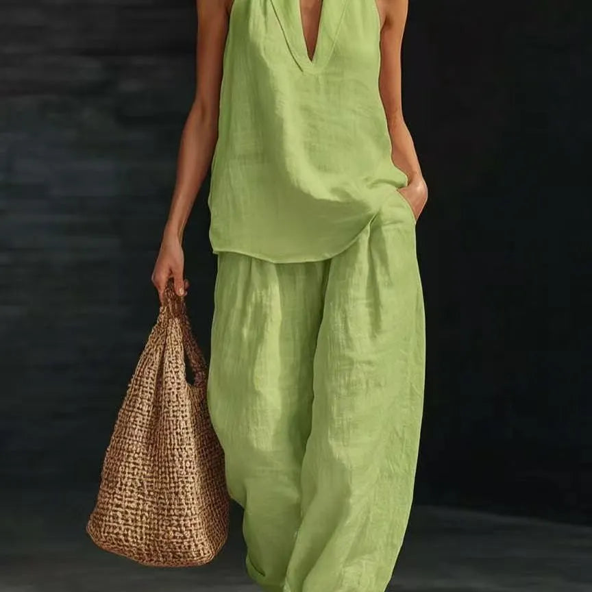 Linen Halter Top & Wide Leg Pants Set