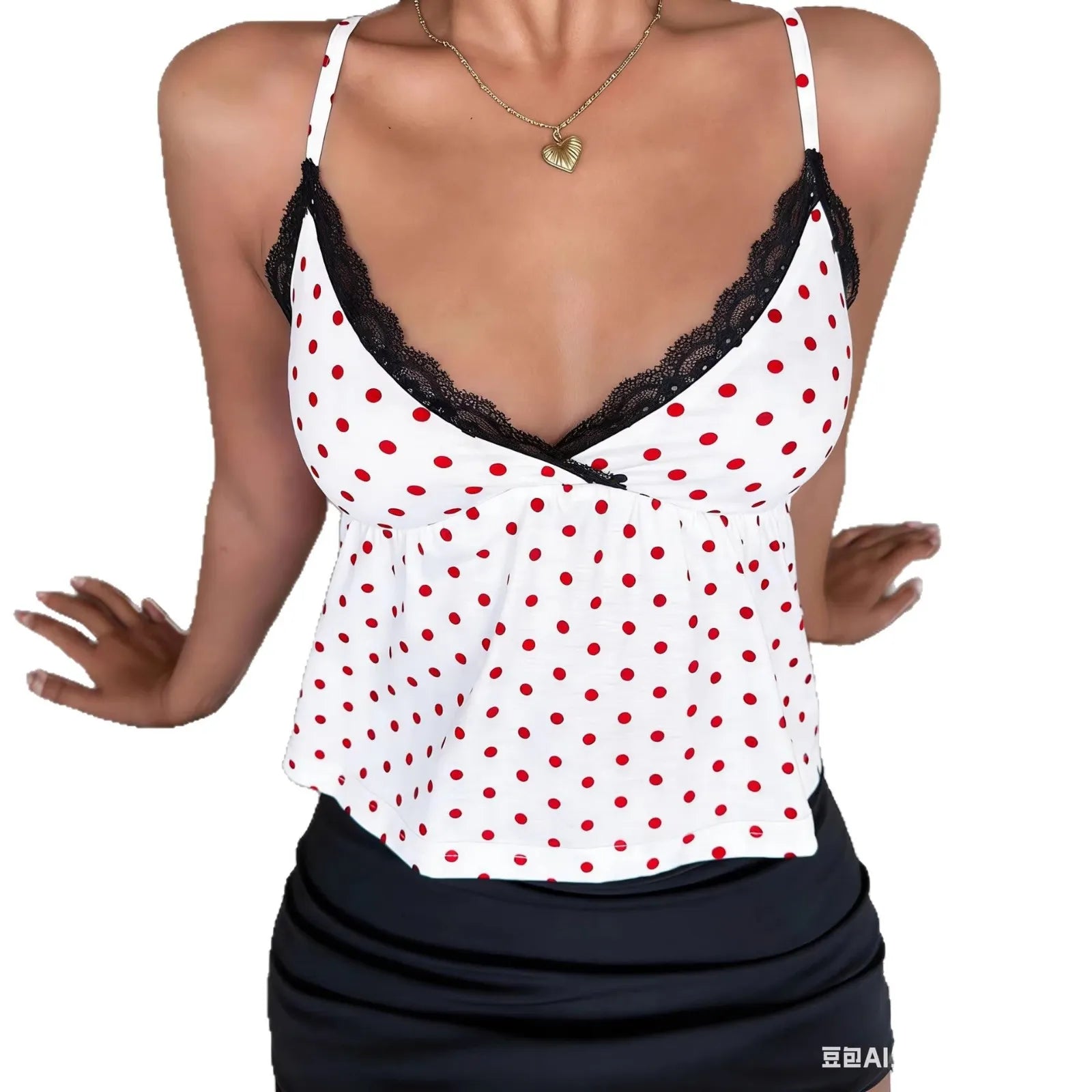 Black White Polka Dot Lace Trim Camisole Top
