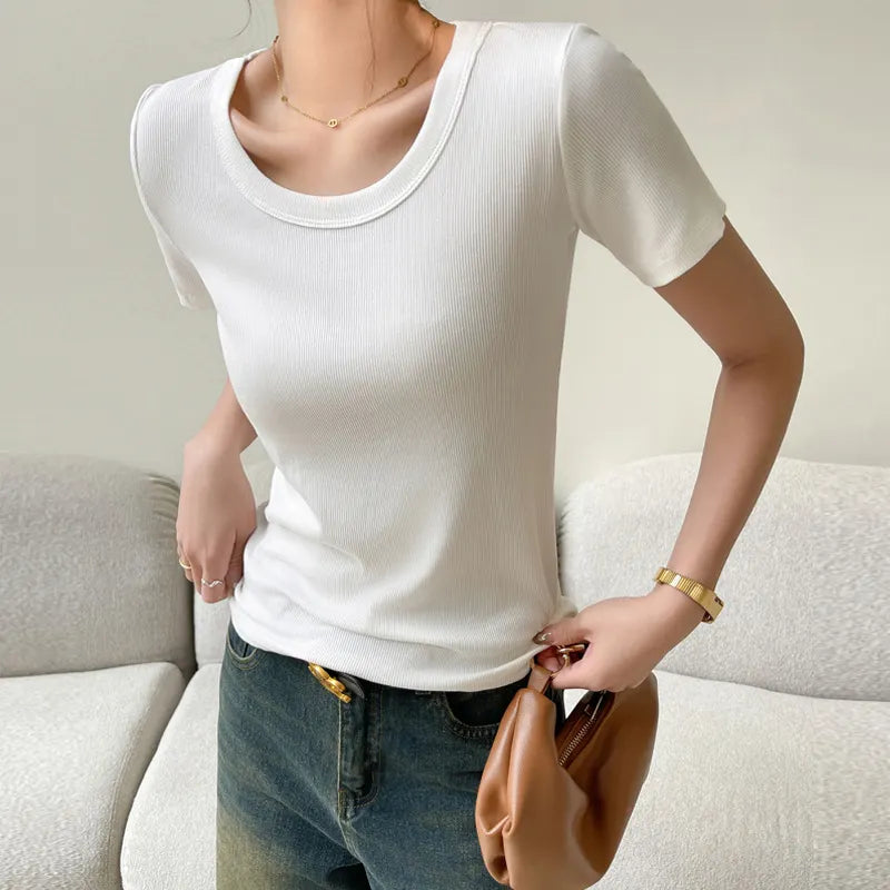 Solid Color Ribbed U-Neck Short Sleeve Loose T-Shirt