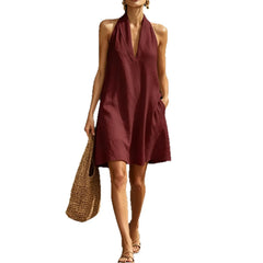 Halter V-Neck Sleeveless Loose A-Line Midi Dress