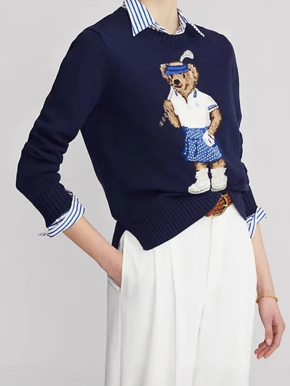 Cartoon Bear Applique Crew Neck Pullover Sweater