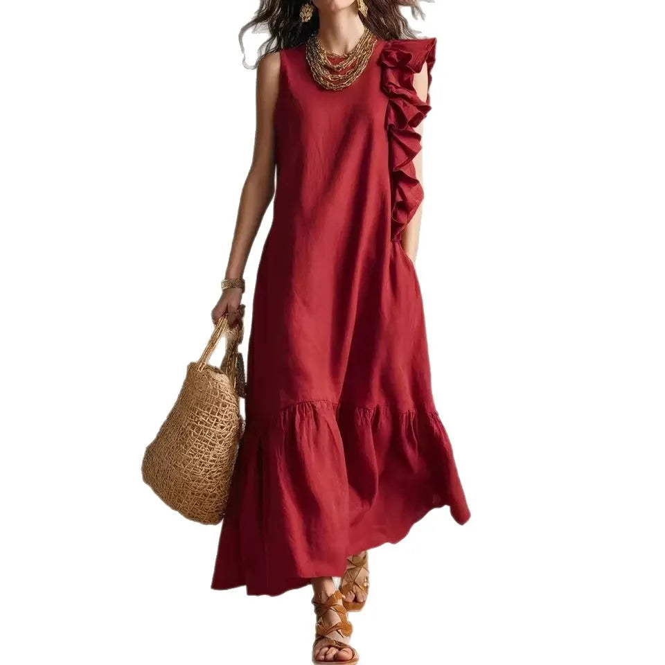 Pleating Blue Ruffle Sleeveless Tiered Maxi Dress