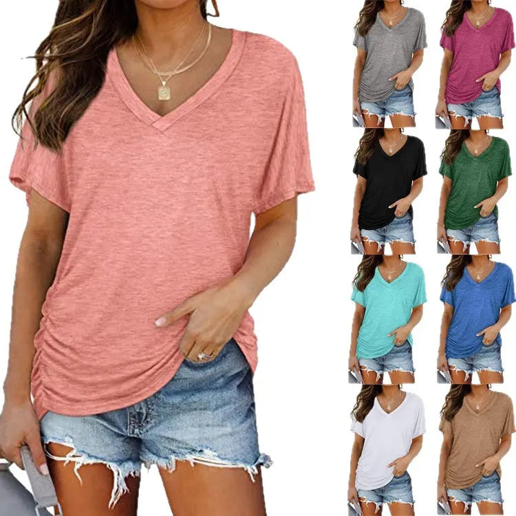 V-Neck Solid Color Loose Short Sleeve Rayon Blend Casual T-shirt