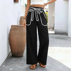 Contrast Lace Trim Wide Leg Pants - High Waist Tie Front Casual Trousers