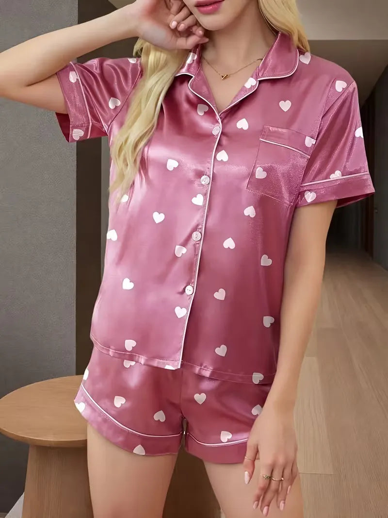 Ladies Plus Size Friendly Satin Pajama Set Cute Panda Heart Pattern Short Sleeve Top & Elastic Shorts Nightwear