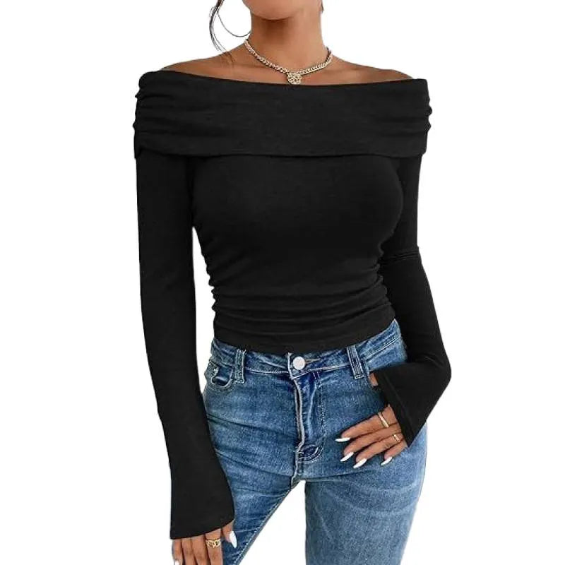 Off Shoulder Long Sleeve Slim Fit Solid Pullover Top