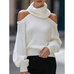 Cream Cold Shoulder Turtleneck Sweater Loose Fit Long Balloon Sleeve Knit Jumper for Fall Winter