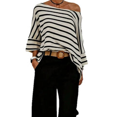 Striped Asymmetric Off Shoulder Loose Short Sleeve Milk Silk T-Shirt