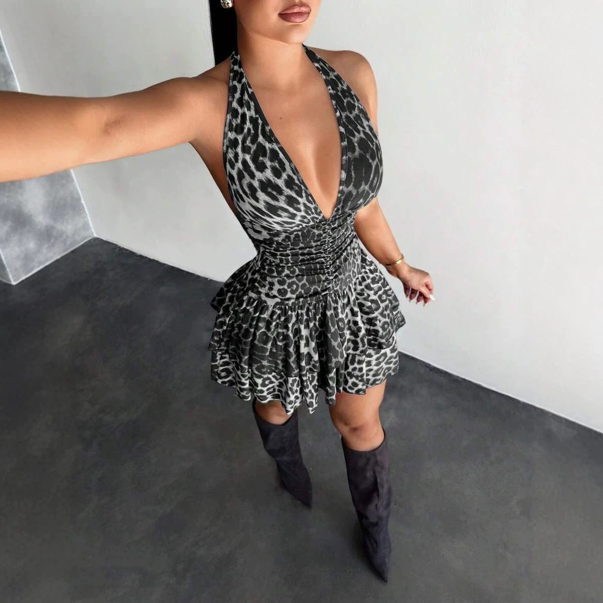 Leopard Print Deep V-Neck Halter Ruched Ruffle Mini Dress