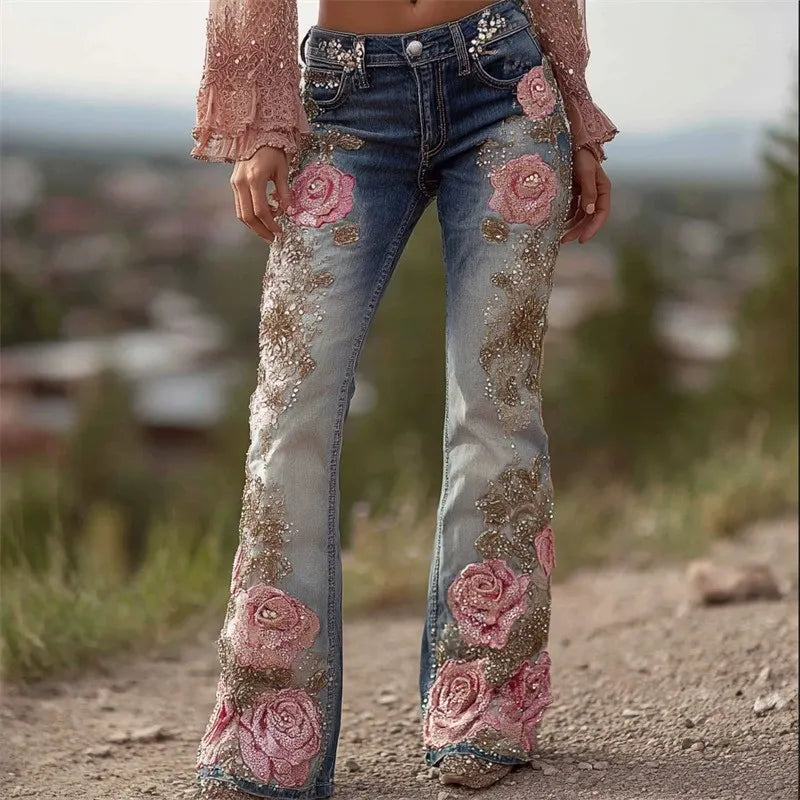 Retro Floral Embossed Flare Jeans
