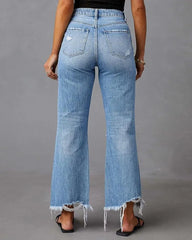 High Waist Frayed Raw Hem Distressed Denim Pants