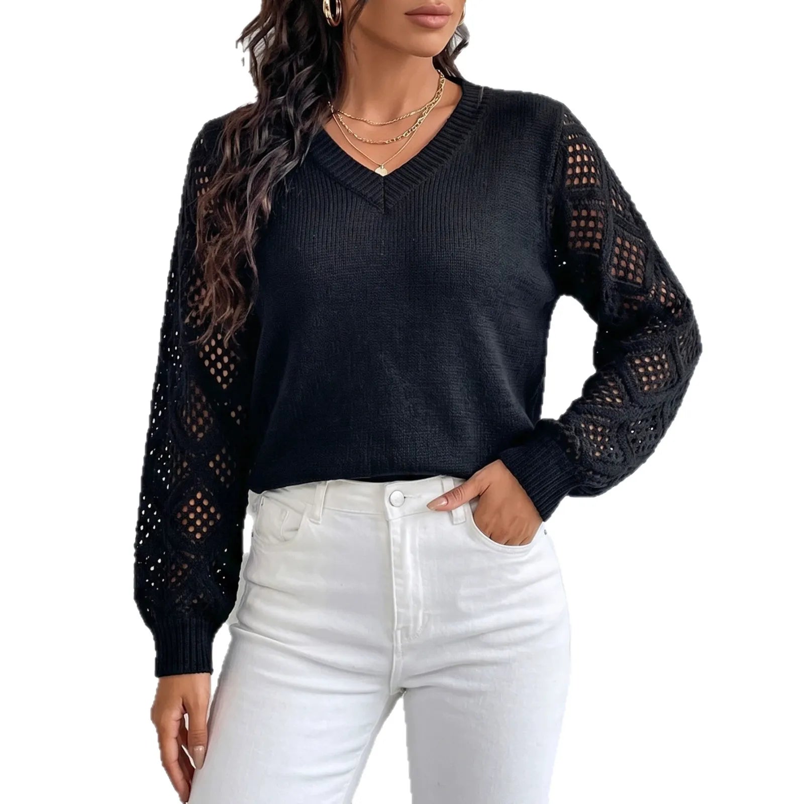 Hollow Crochet Mesh Sleeve V Neck Knit Top Solid Ribbed Body Fall Jumper