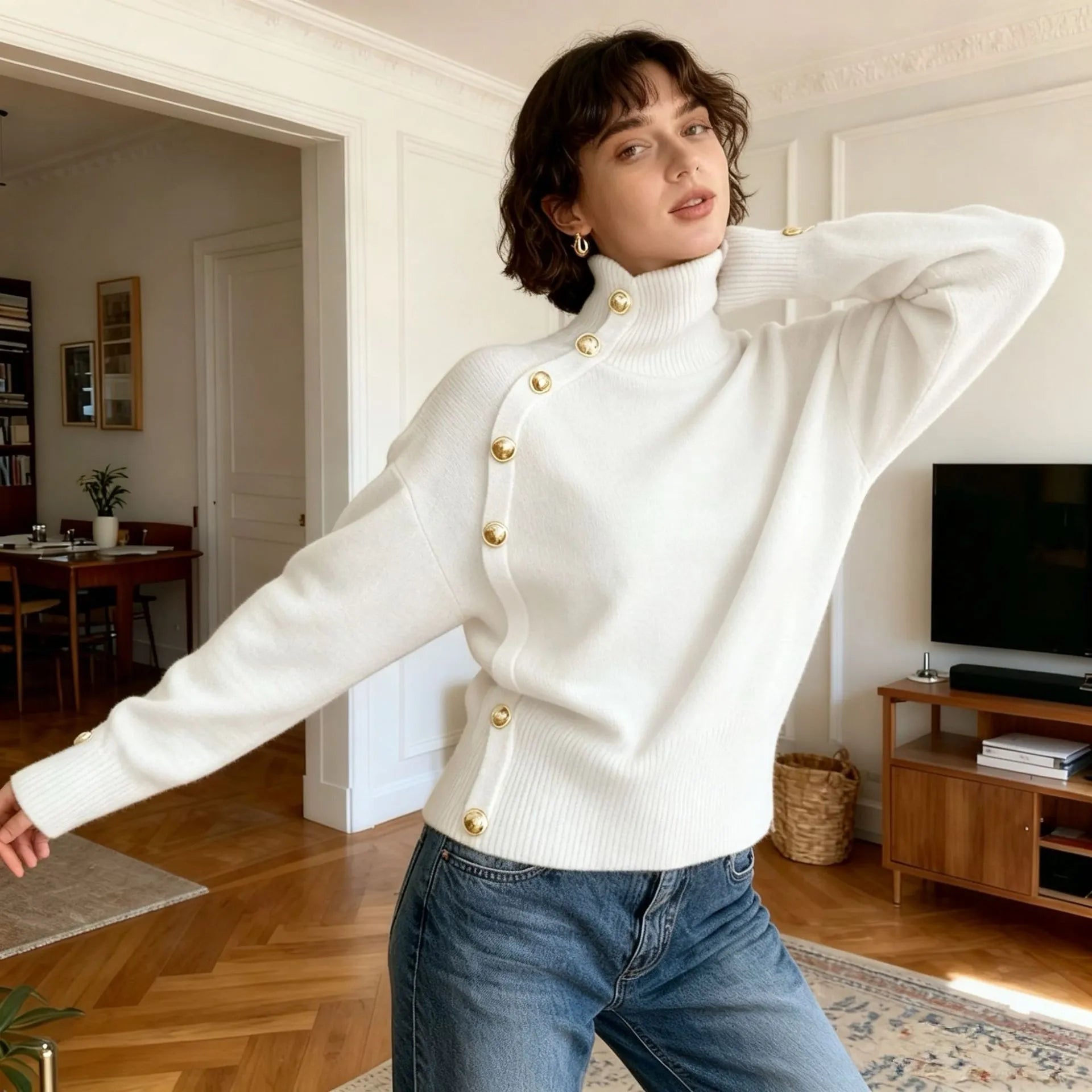 Chic Blue Turtleneck Knit Sweater, Statement Side Gold Buttons Casual Fall Winter Top