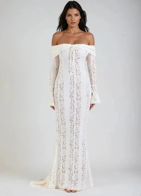 Lace Off-the-Shoulder Maxi Dress, Bell Sleeve Mermaid Formal Gown