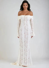 Lace Off-the-Shoulder Maxi Dress, Bell Sleeve Mermaid Formal Gown