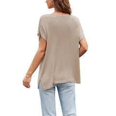 Notched V Neck Cap Short Sleeve Loose Knit Pullover Sweater Top
