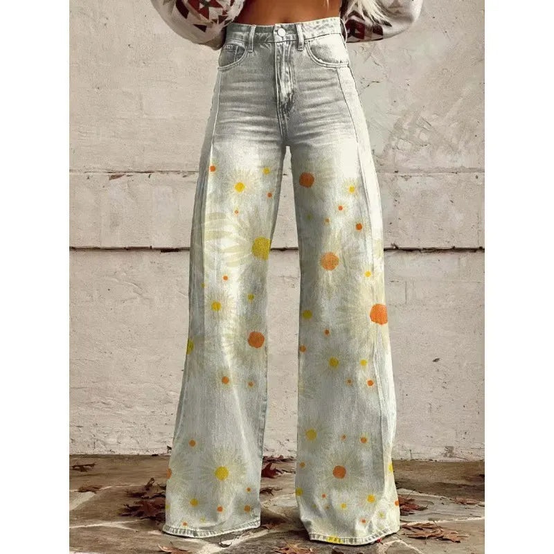 High Waist Western Cowboy Horse Print Wide Leg Pants