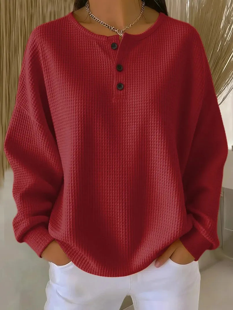 Casual Oversized Waffle Knit Top, Henley Button Neck Long Sleeve Tee