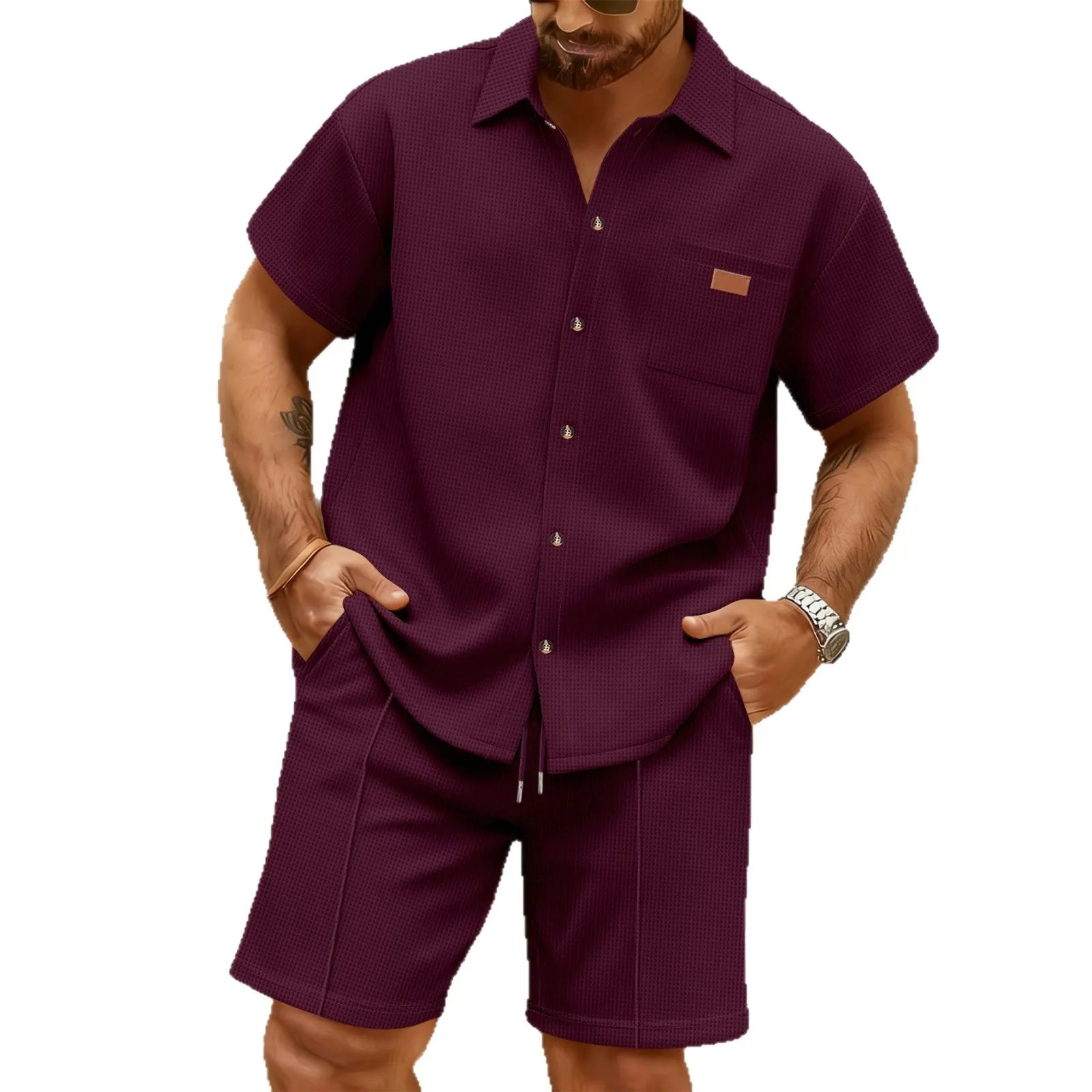 Men Lapel Short Sleeve Waffle Shirt Drawstring Shorts Two Piece Casual Suit