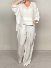 Loose V-Neck 2-Piece Outfit, Batwing Sleeve Top & Wide Leg Pants Set