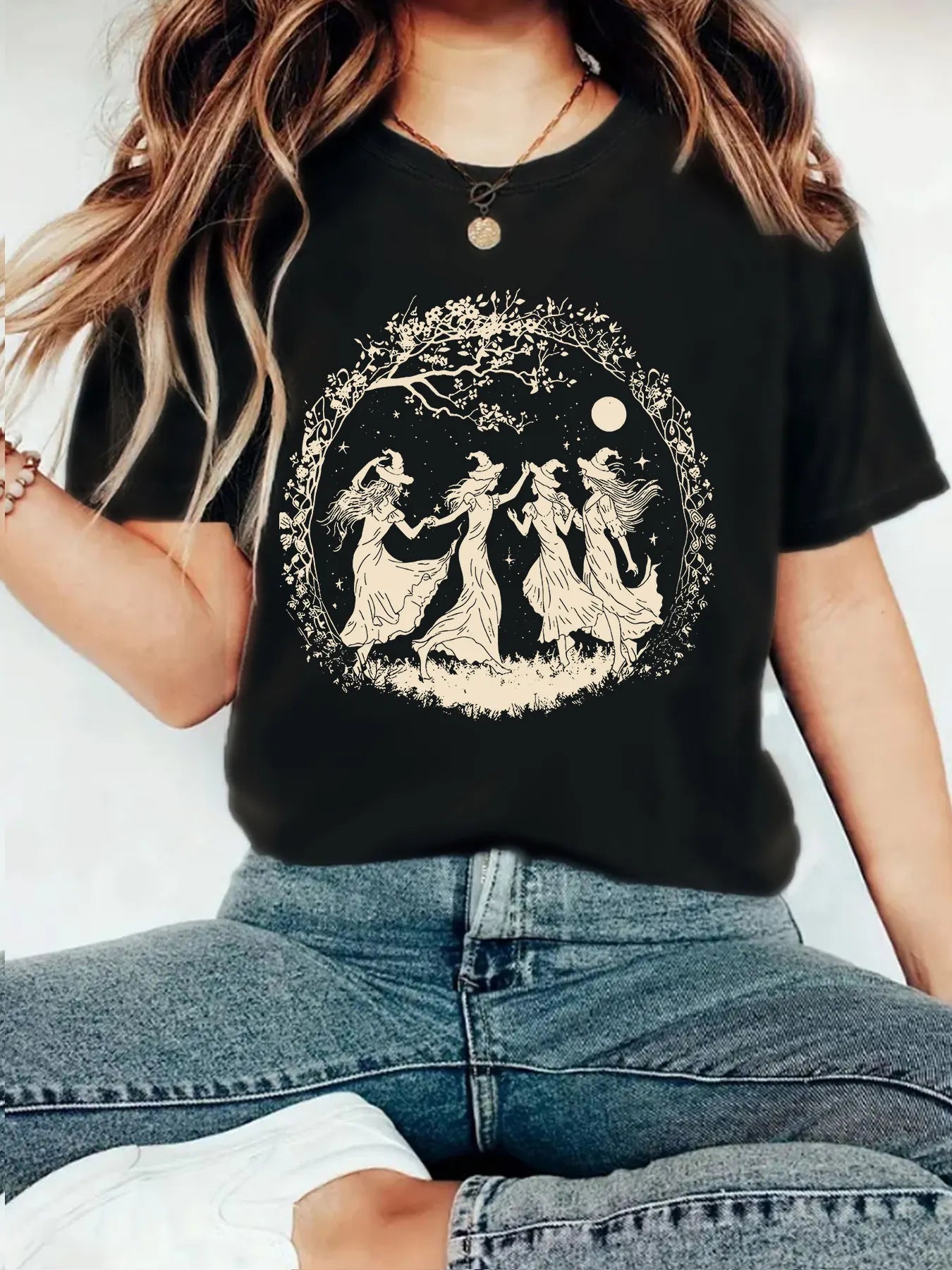 Halloween Witch Moon Floral Print Crew Neck Short Sleeve T‑Shirt