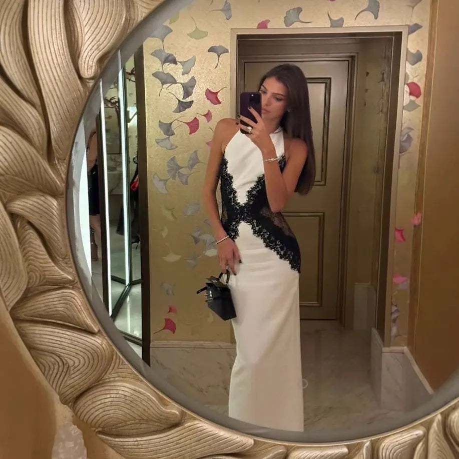 White & Black Lace Maxi Dress, Halter Neck X-Cutout Bodycon Formal Gown