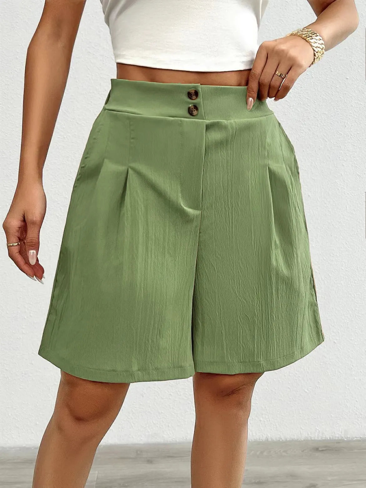 High Waist Double Button Pleated Casual Bermuda Shorts