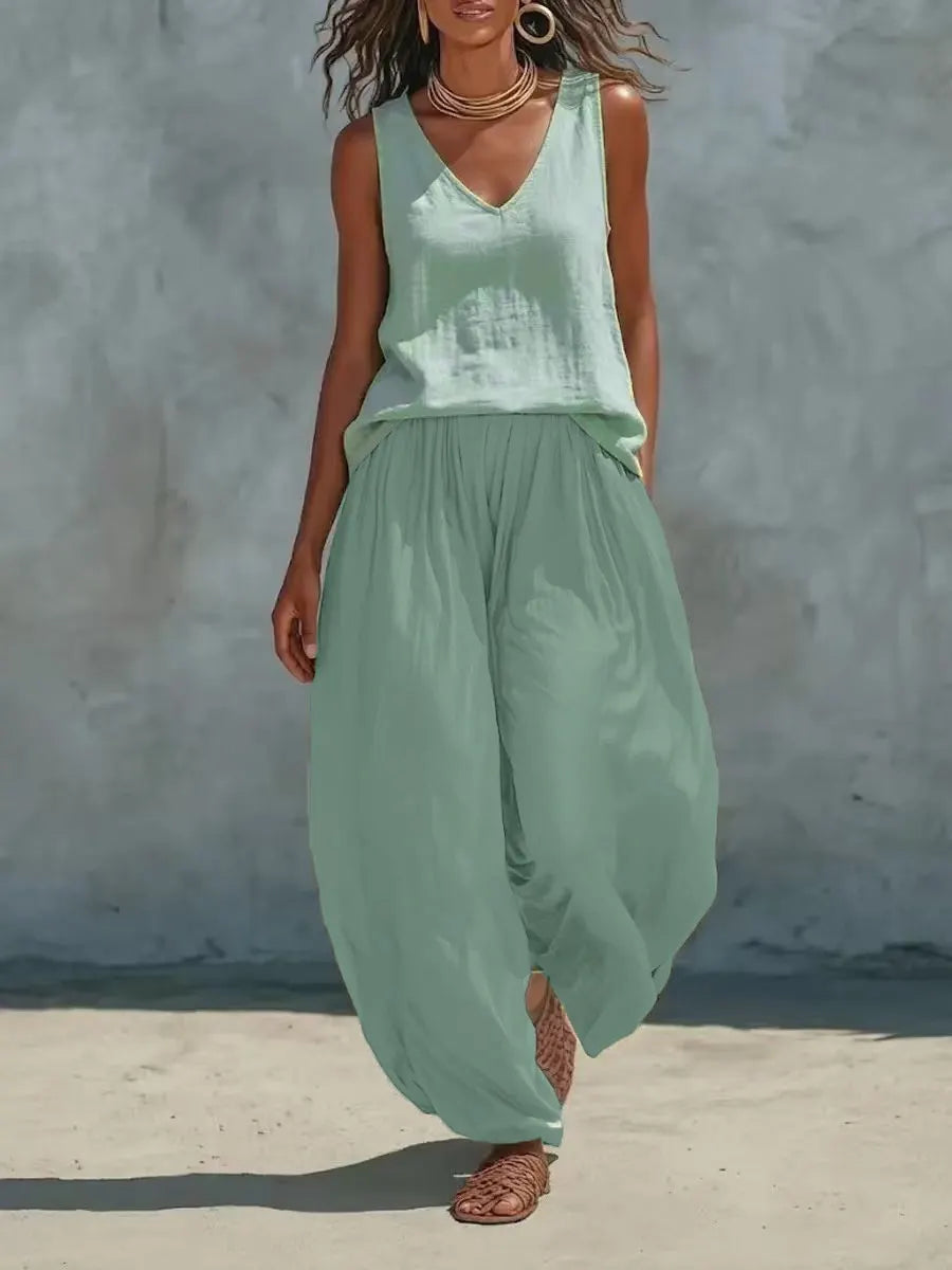 V Neck Sleeveless Vest & Elastic Waist Wide Leg Long Pants