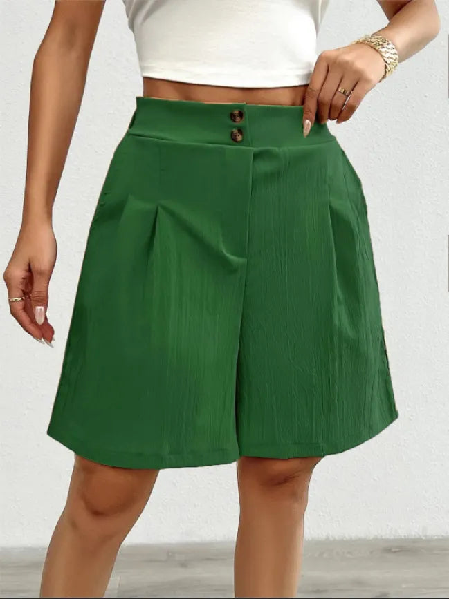 High Waist Double Button Pleated Casual Bermuda Shorts