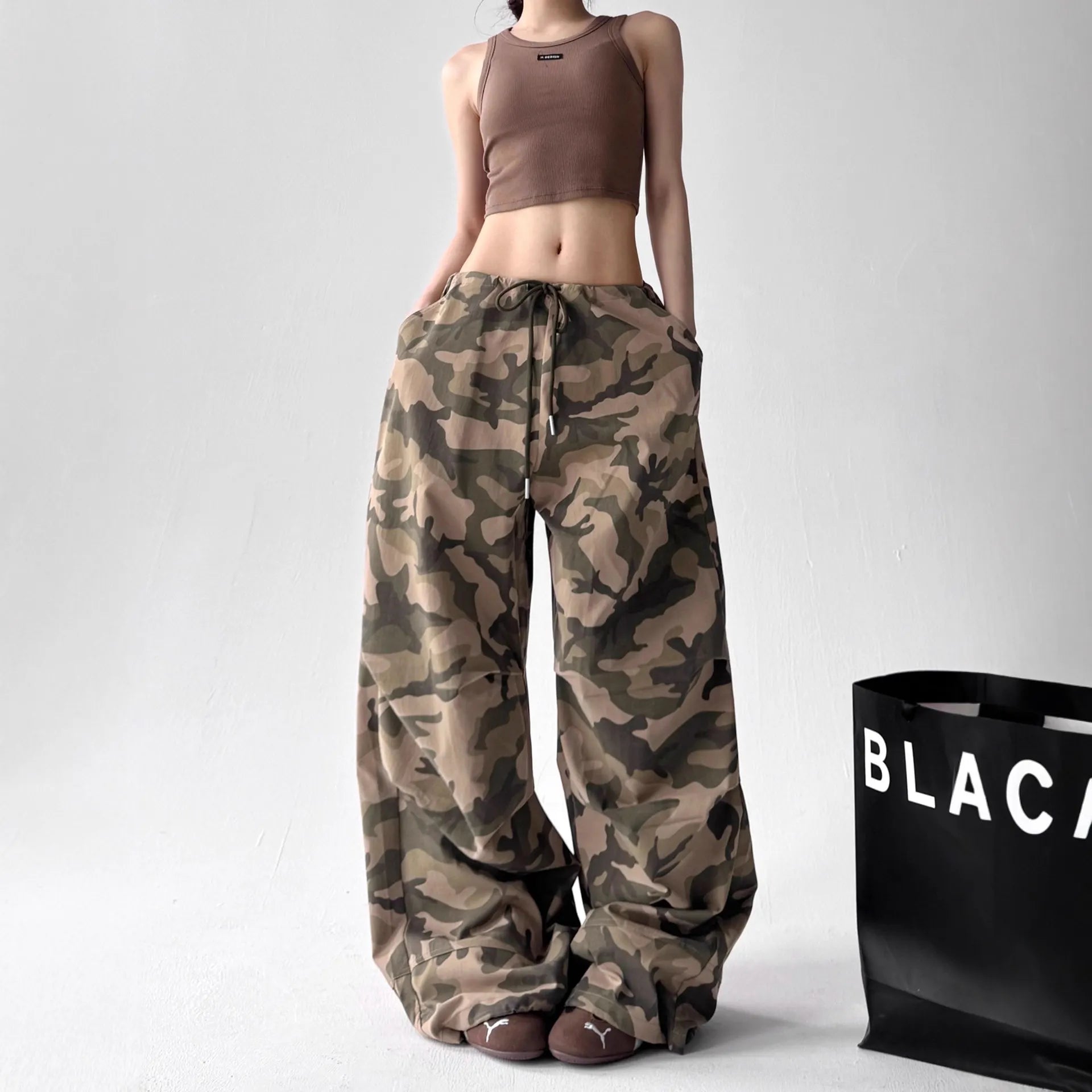 Printed Flare Work Pants | High Waist Camo Print Drawstring Wide Leg Hip Hop Cargo Trousers