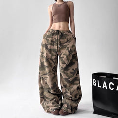 Printed Flare Work Pants | High Waist Camo Print Drawstring Wide Leg Hip Hop Cargo Trousers